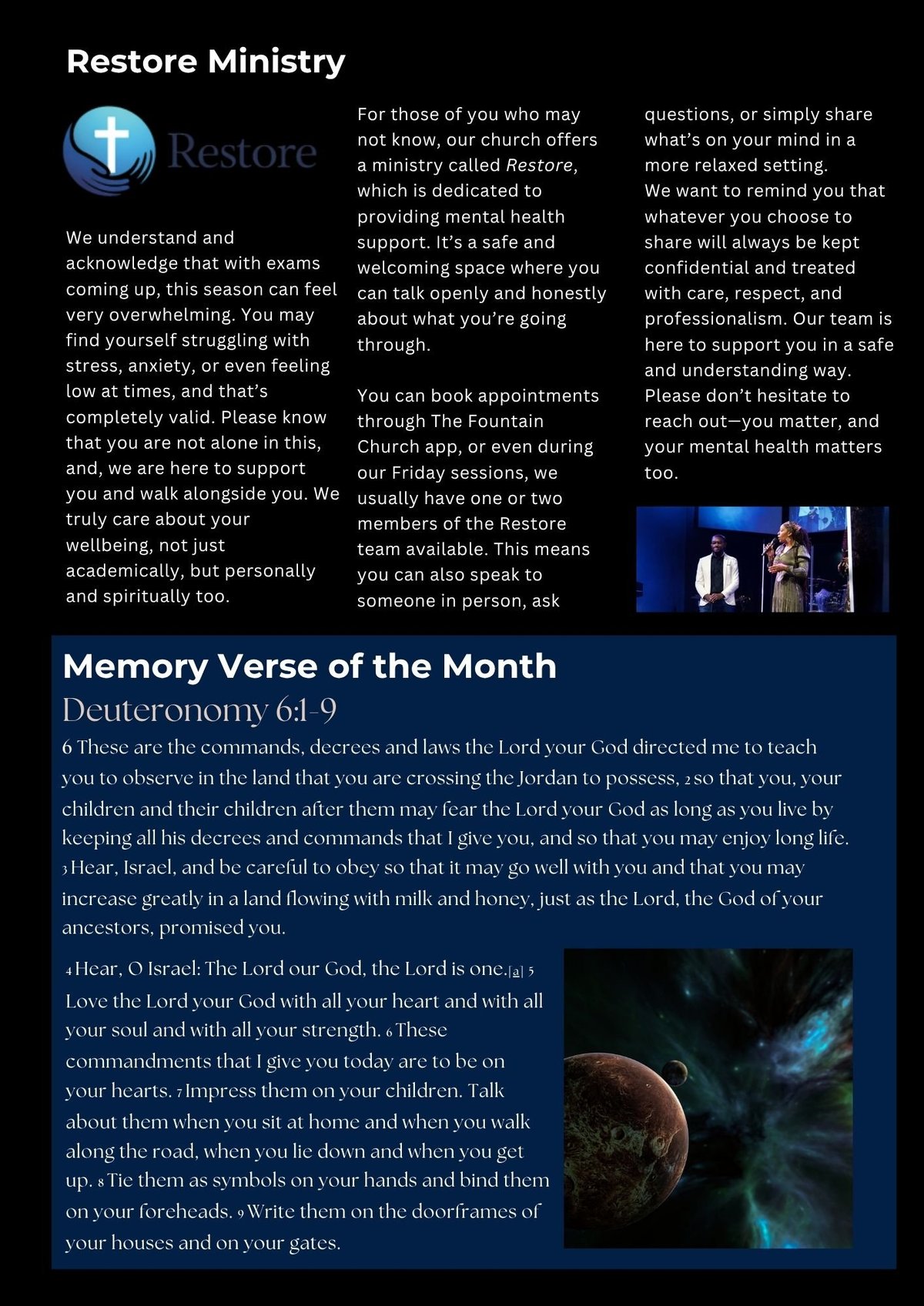 Church bulletin about Restore Ministry and Memory Verse of the Month from Deuteronomy 6:9