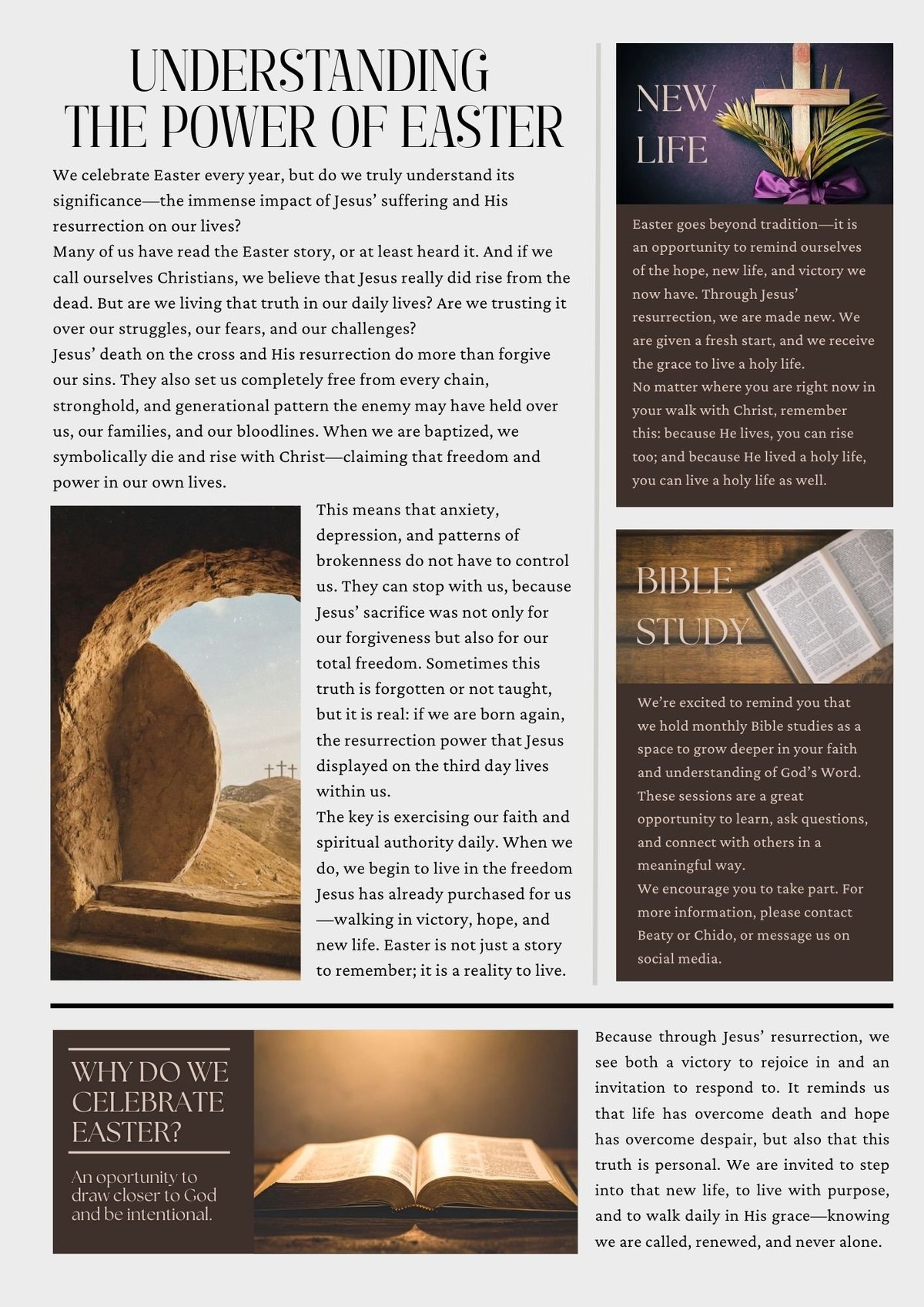 Easter newsletter layout about meaning and celebration with cross image and open Bible photo