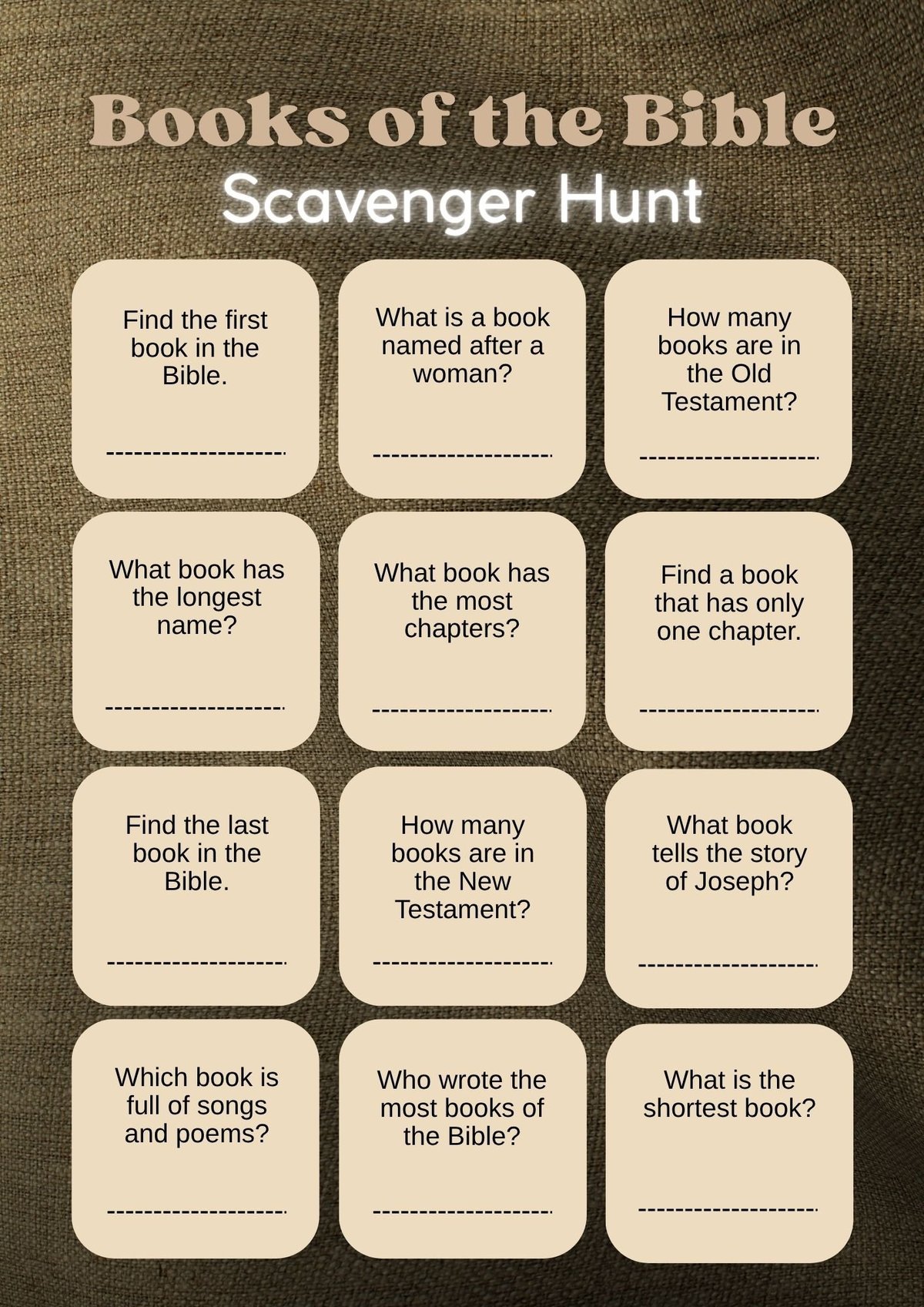Books of the Bible scavenger hunt worksheet with 12 fill-in-the-blank questions on textured brown background