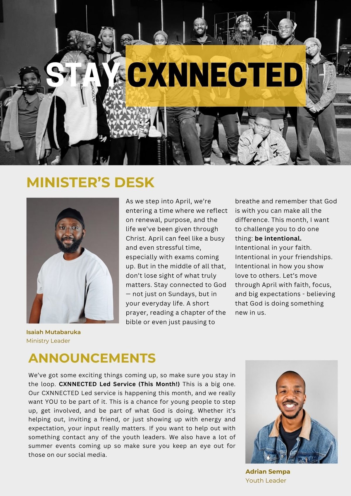 Group photo of church congregation with Stay CXNNECTED text overlay in yellow featuring Ministers Desk and Announcements sections