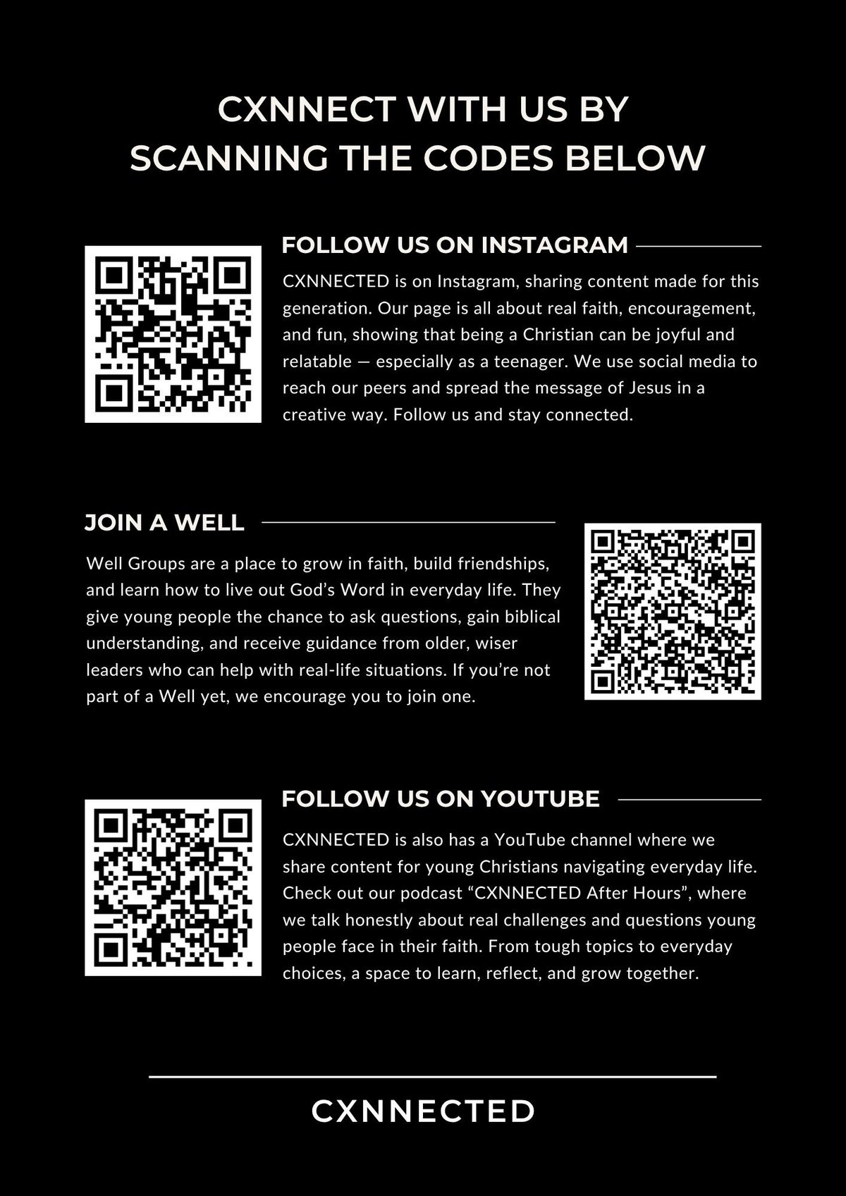 CXNNECTED social media connection guide with QR codes for Instagram, Well Groups, and YouTube channels