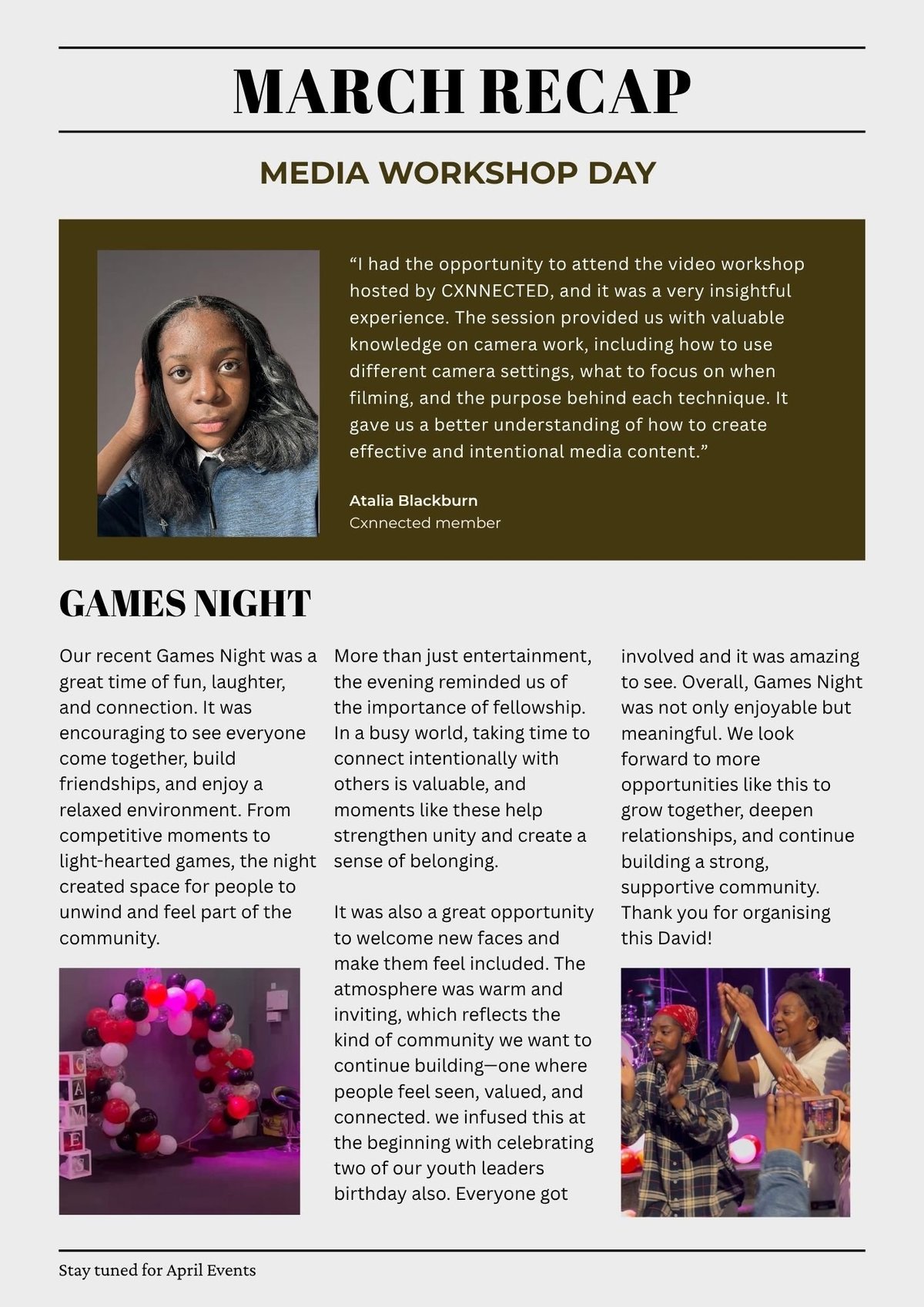 March recap featuring Media Workshop Day testimonial from Atalia Blackburn and Games Night community event photos