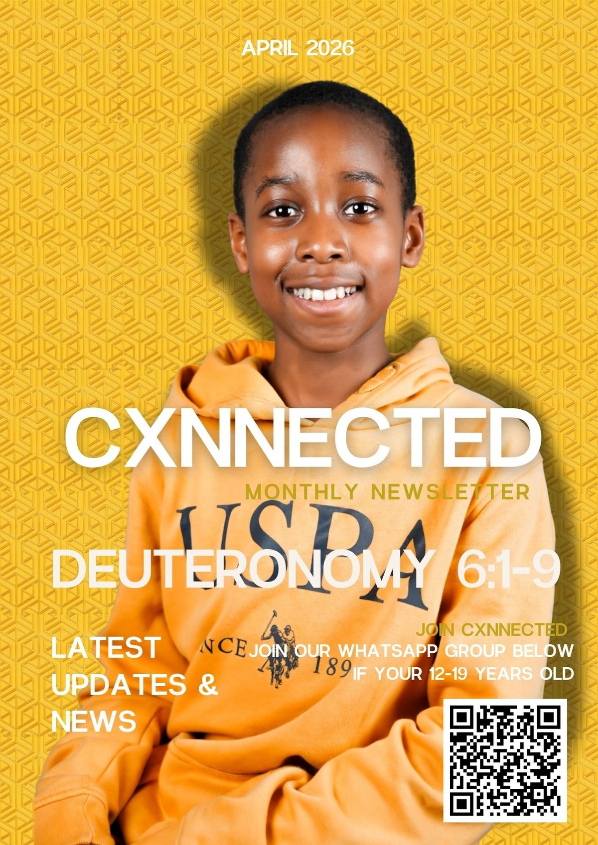 April 2026 newsletter cover featuring young boy in orange hoodie against yellow geometric background with Deuteronomy 6:1-9 theme